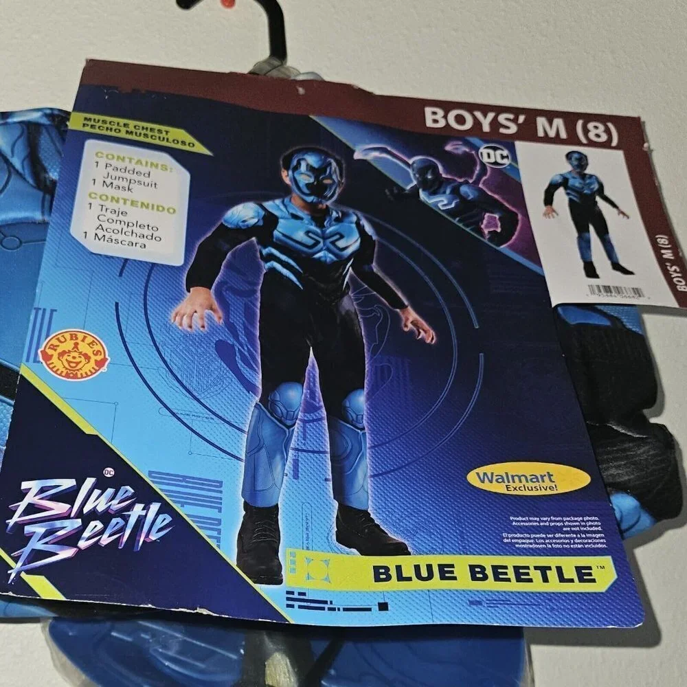 NEW Blue Beetle Halloween Costume DC Rubies Boys Medium 8 Padded Jumpsuit Mask